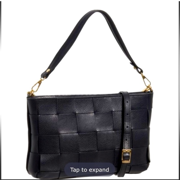 Anna Paola Brit black leather basket weave top zip crossbody shoulder bag purse - Picture 1 of 15